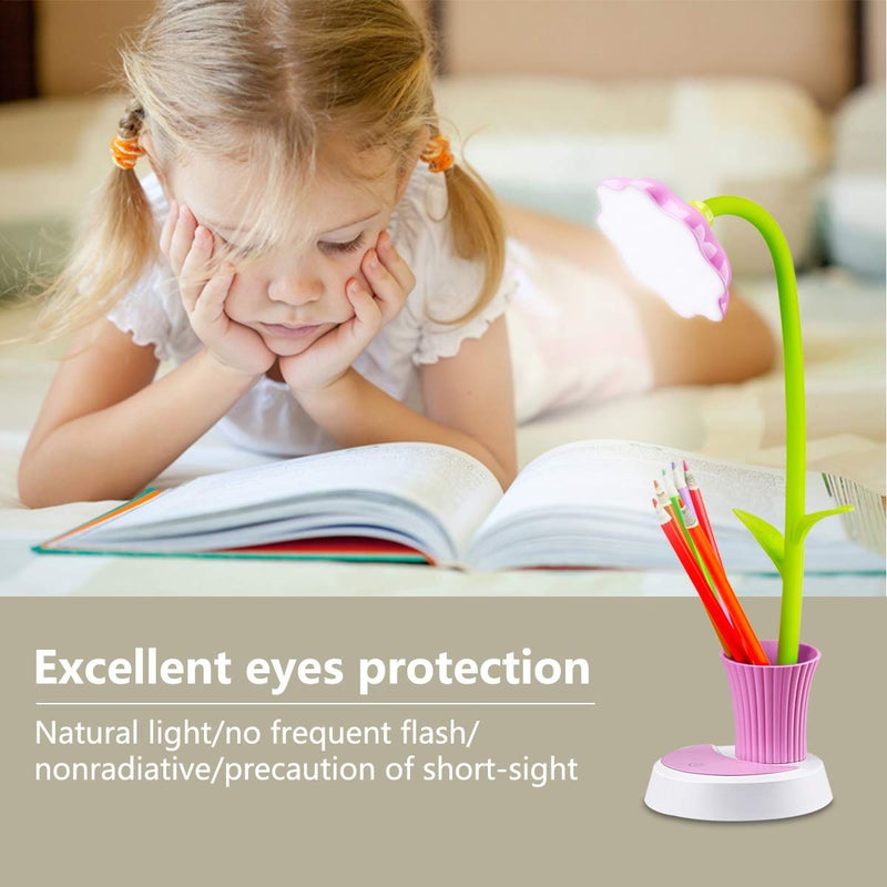 Uniwit Desk Lamp for Kids Sunflower LED Charging Table Lamp Support Eye Protection Small Desk Folding for Reading,Study and Office, Adjustable Brightness - Pink - Image 4